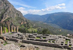 Looking down on the Temple of Apollo with mountains in background